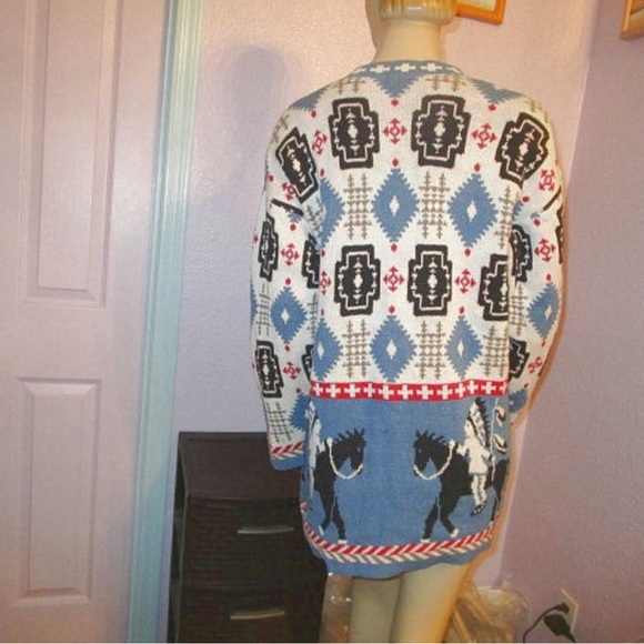 VTG Delia McKain NATIVE Warrior Size L CARDIGAN Sweater HORSE Cross AZTEC Pony - Picture 7 of 9